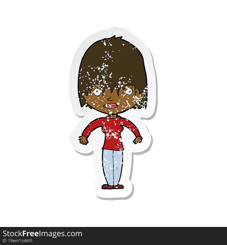 retro distressed sticker of a cartoon woman staring