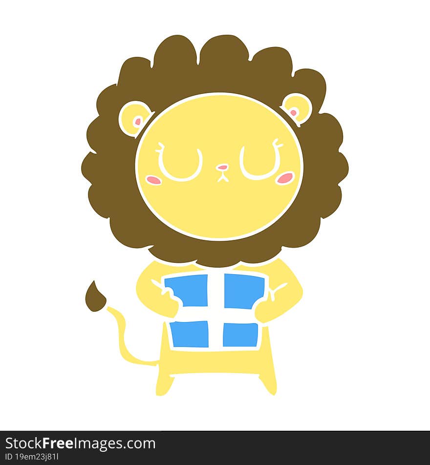 flat color style cartoon lion with christmas present