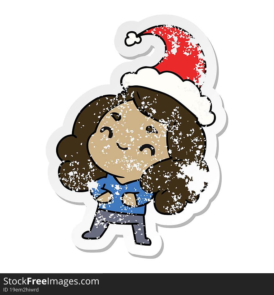 hand drawn christmas distressed sticker cartoon of kawaii girl