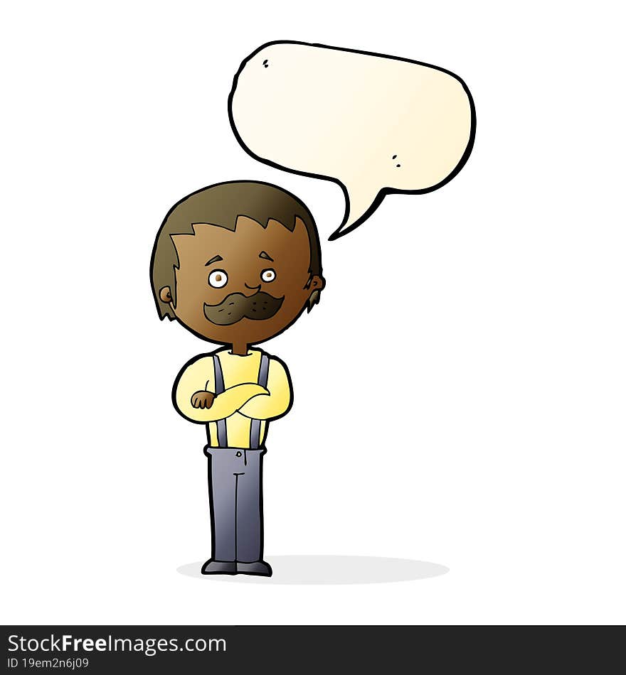 cartoon man with mustache with speech bubble