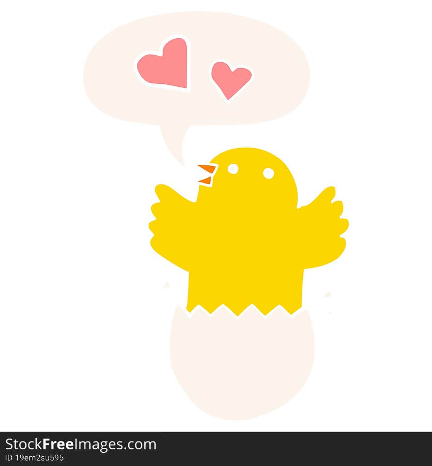 cute hatching chick cartoon with speech bubble in retro style