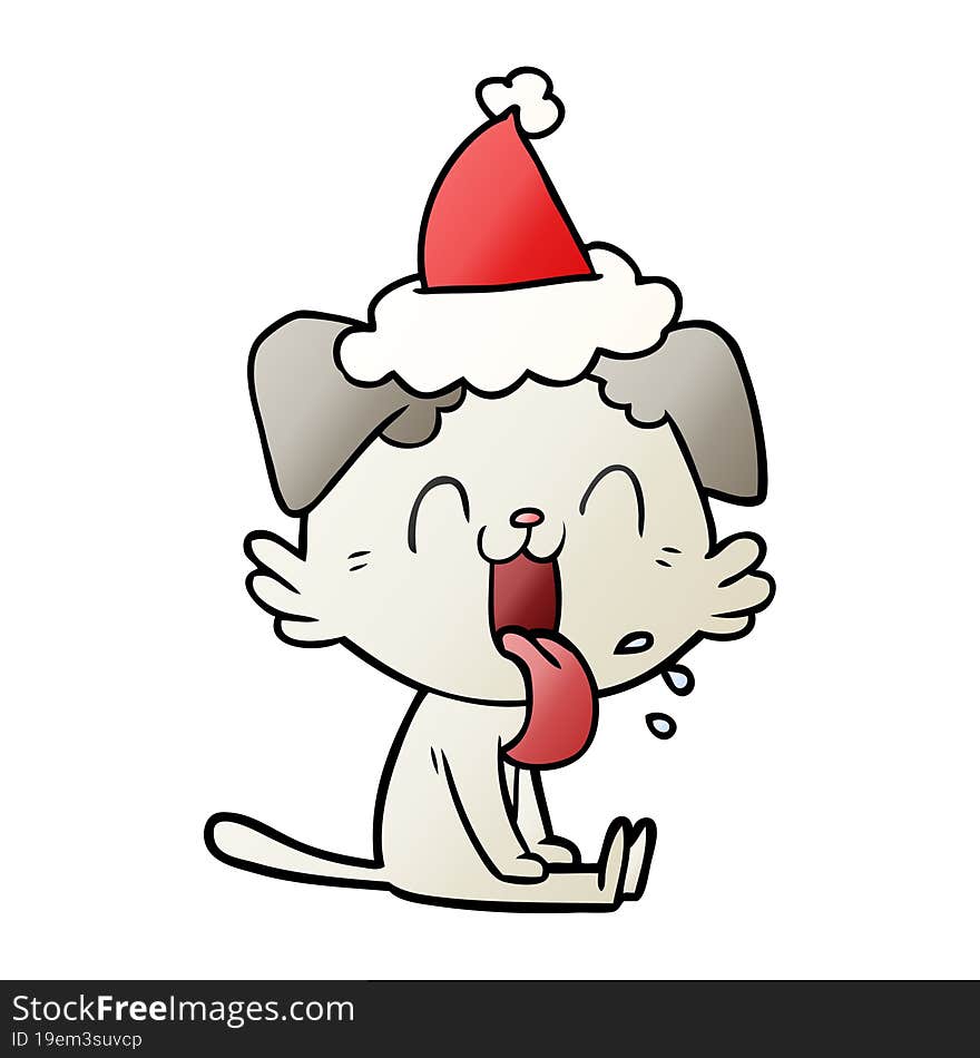 gradient cartoon of a panting dog wearing santa hat