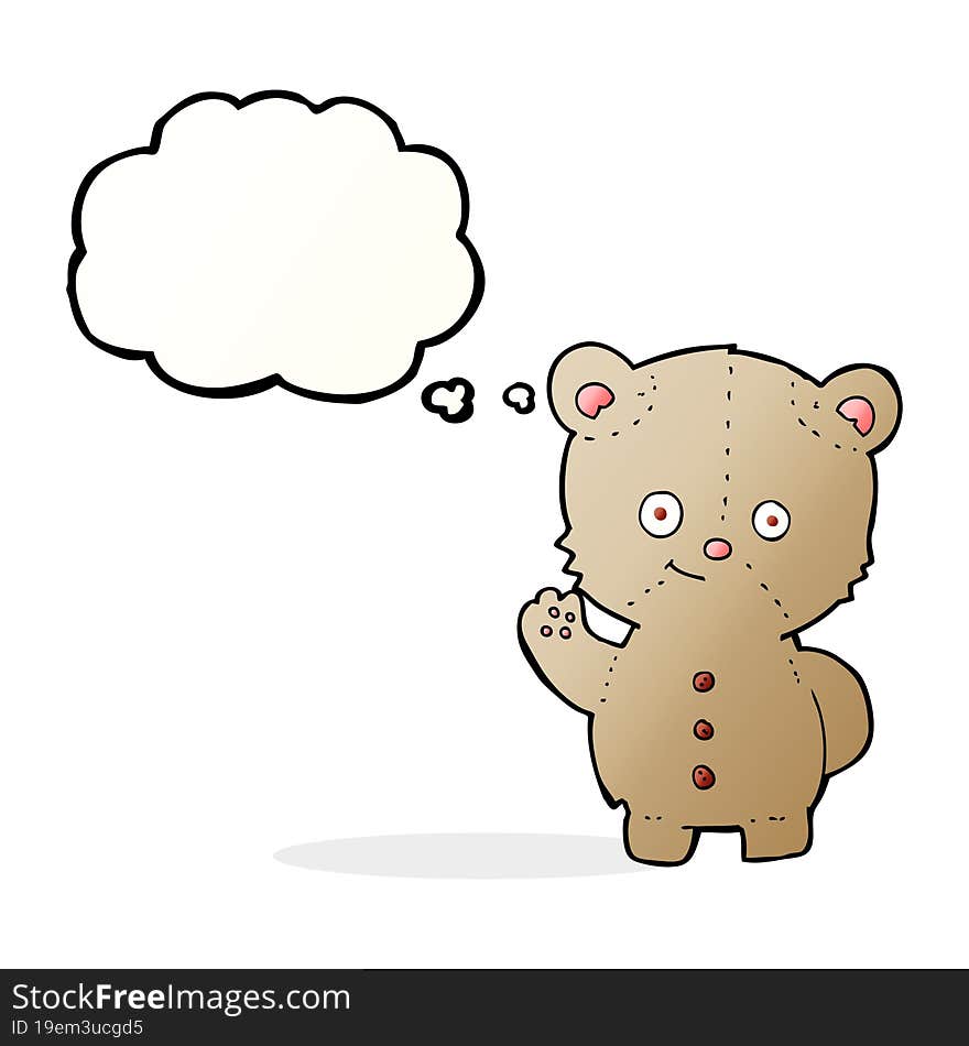 cartoon teddy bear waving with thought bubble