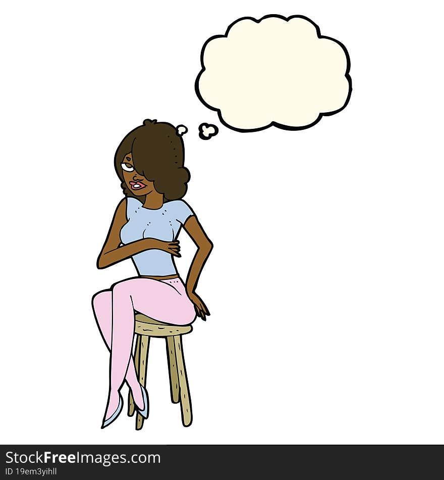 cartoon woman sitting on bar stool with thought bubble