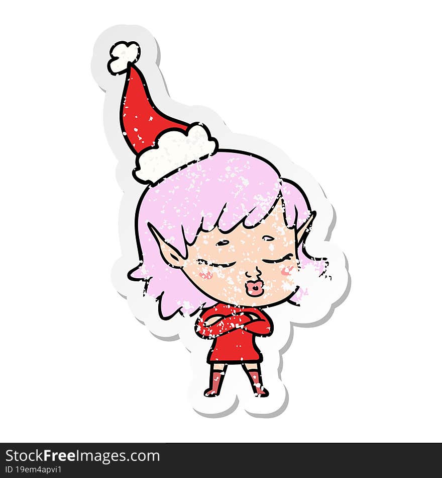 Pretty Distressed Sticker Cartoon Of A Elf Girl Wearing Santa Hat