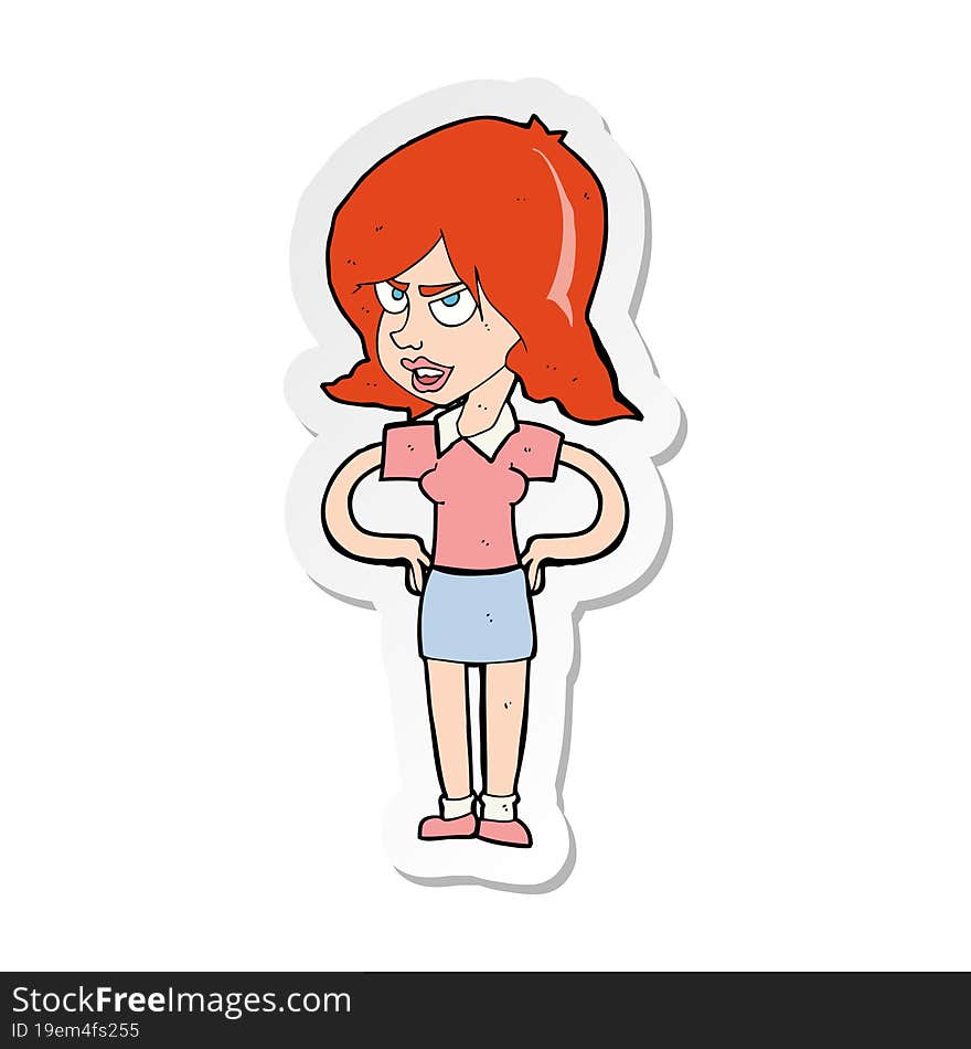 sticker of a cartoon annoyed woman with hands on hips