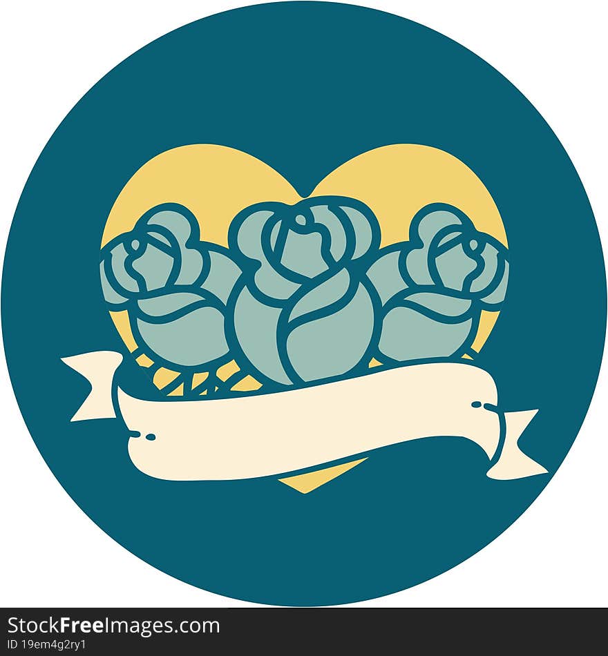 Tattoo Style Icon Of A Heart And Banner With Flowers