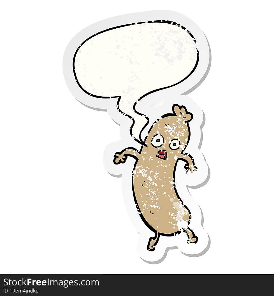 cartoon sausage with speech bubble distressed distressed old sticker. cartoon sausage with speech bubble distressed distressed old sticker