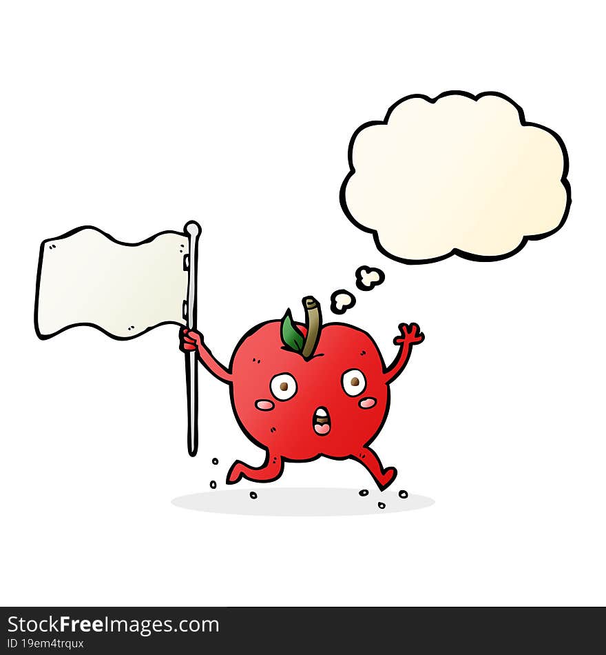 cartoon funny apple with flag with thought bubble