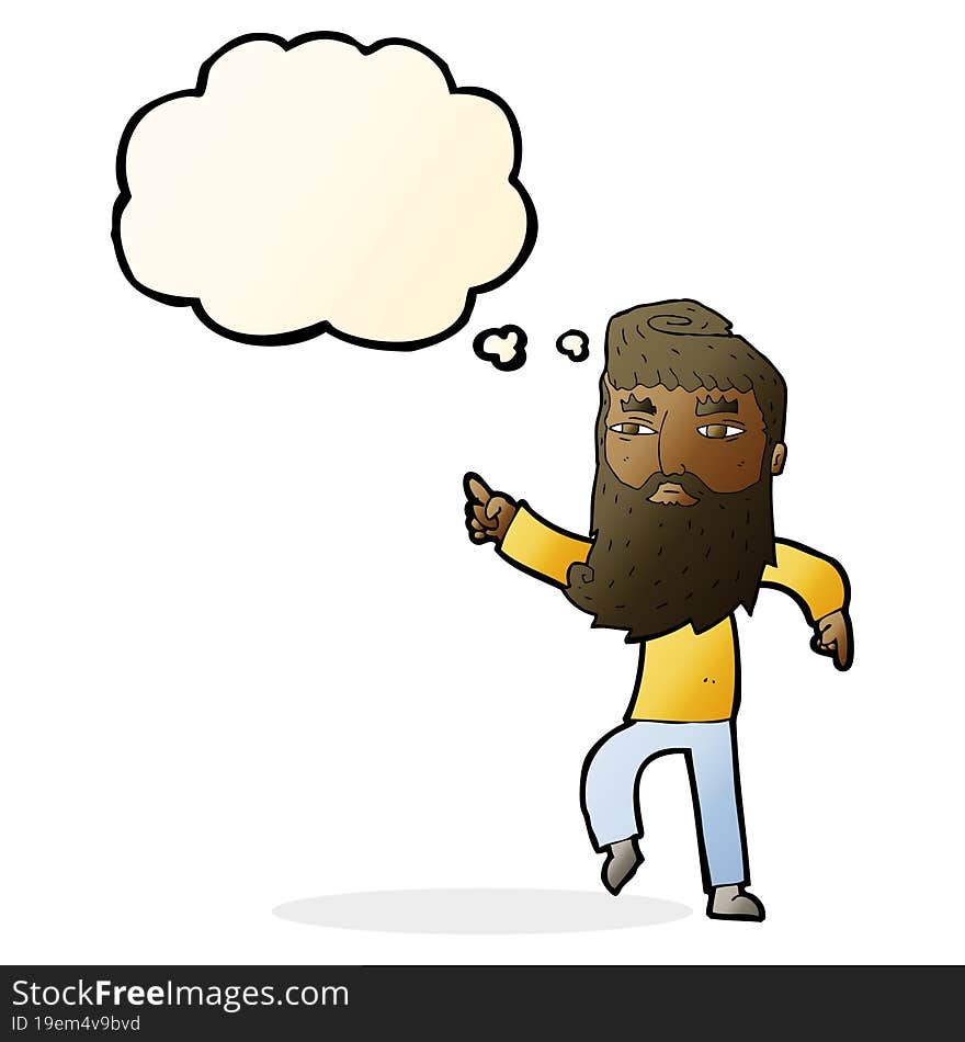 cartoon bearded man pointing the way with thought bubble