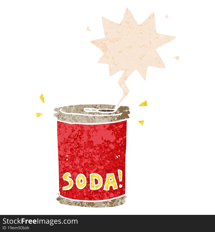 cartoon soda can and speech bubble in retro textured style