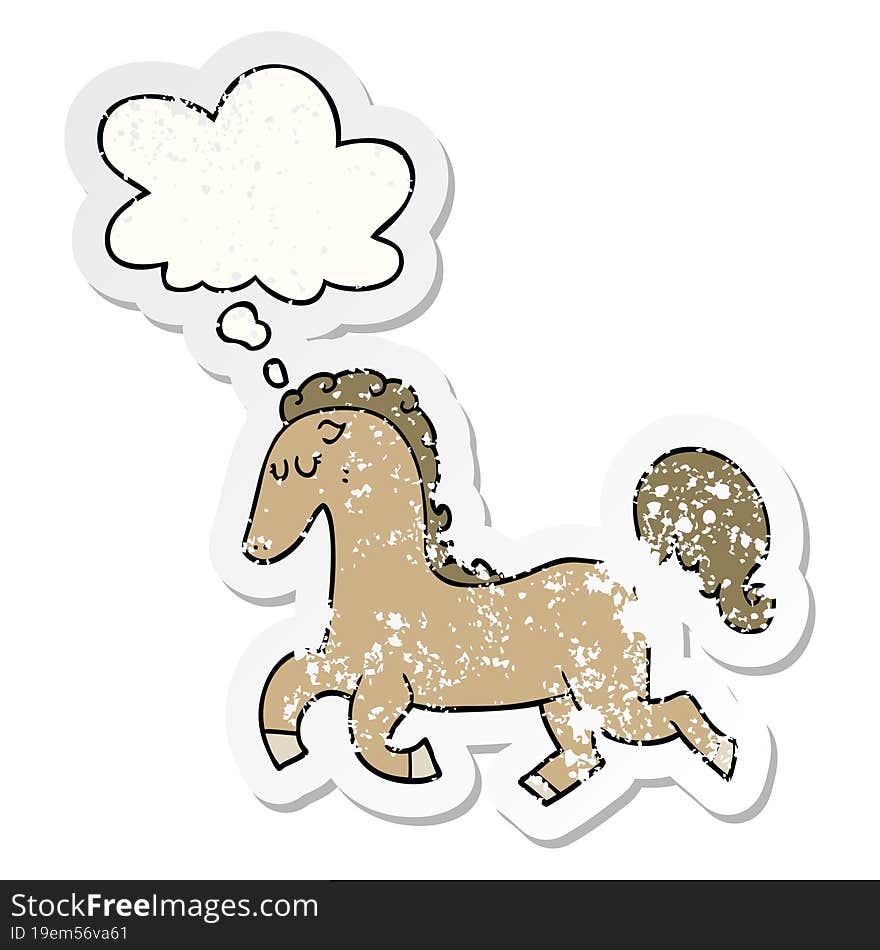 cartoon horse running and thought bubble as a distressed worn sticker