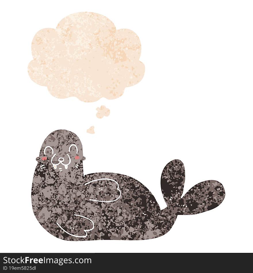 Cartoon Seal And Thought Bubble In Retro Textured Style