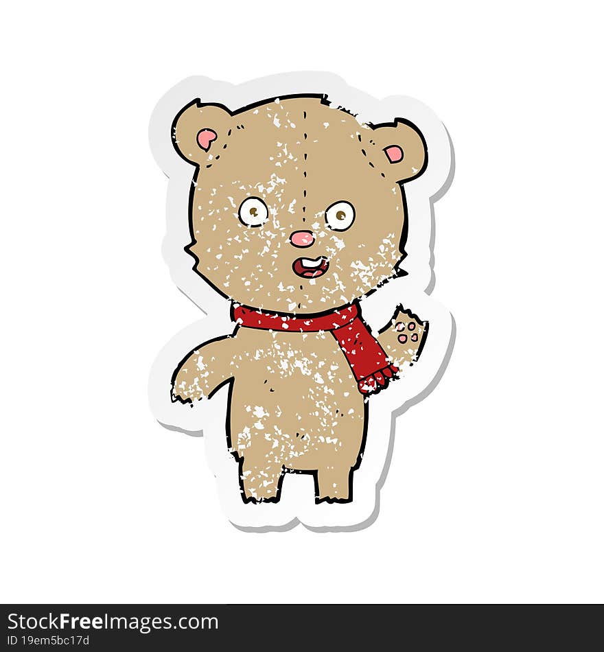 retro distressed sticker of a cartoon waving teddy bear with scarf