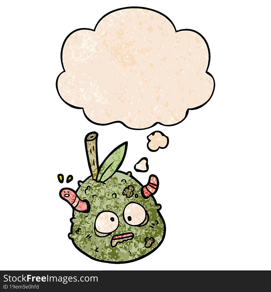 cartoon old pear with thought bubble in grunge texture style. cartoon old pear with thought bubble in grunge texture style