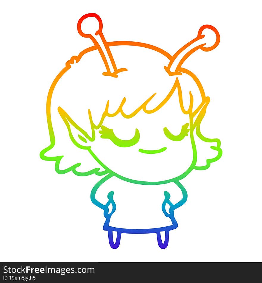 rainbow gradient line drawing smiling alien girl cartoon