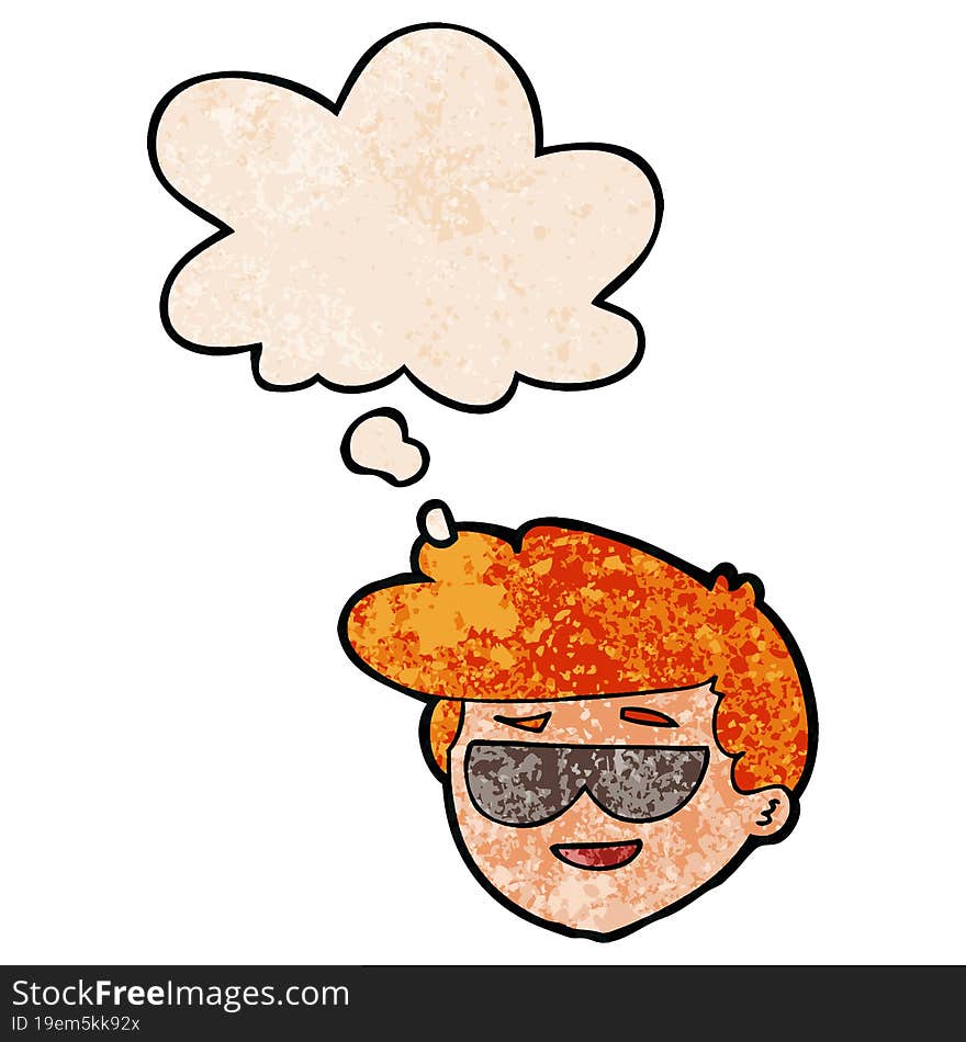 cartoon boy wearing sunglasses and thought bubble in grunge texture pattern style