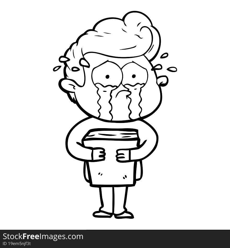 cartoon crying man holding book. cartoon crying man holding book