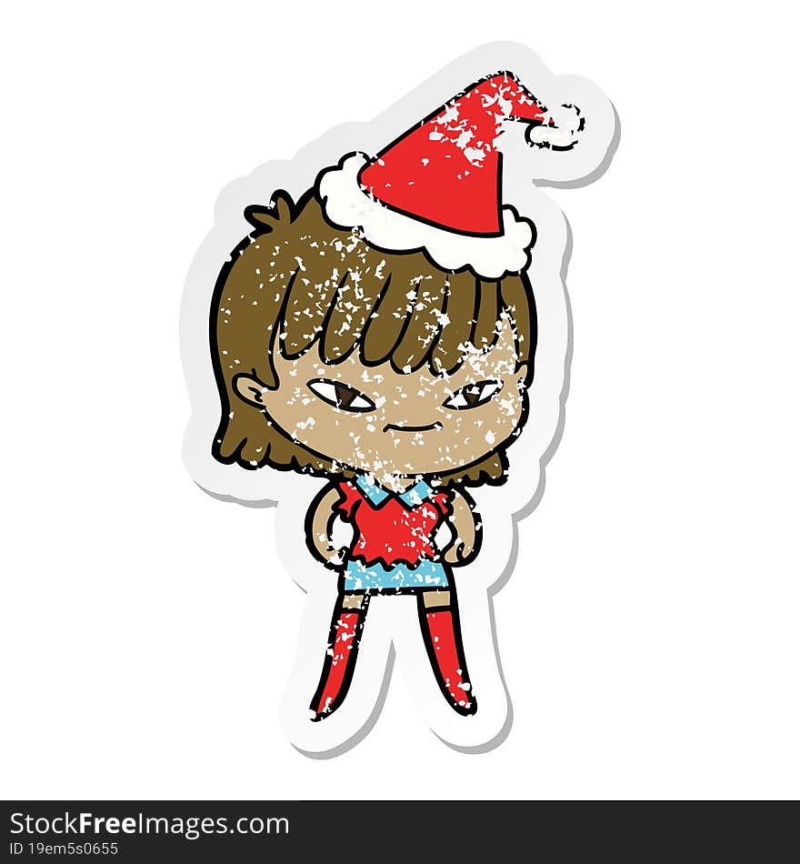 hand drawn distressed sticker cartoon of a woman wearing santa hat