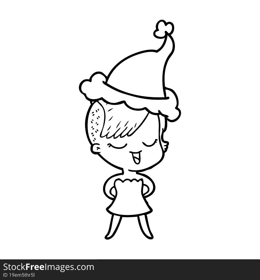 happy hand drawn line drawing of a girl in cocktail dress wearing santa hat