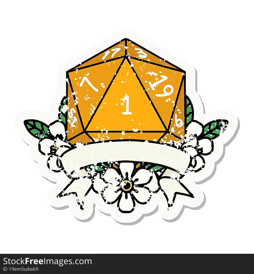 grunge sticker of a natural one d20 dice roll. grunge sticker of a natural one d20 dice roll