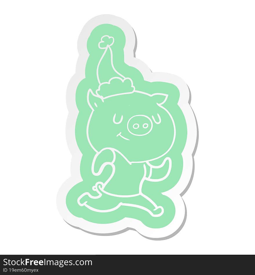 happy cartoon  sticker of a pig running wearing santa hat