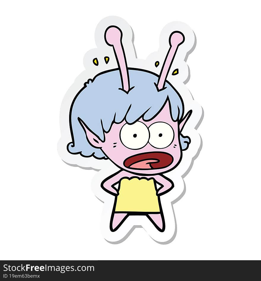 sticker of a cartoon shocked alien girl