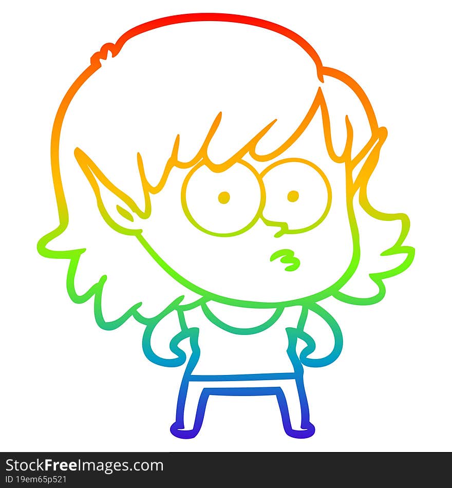 Rainbow Gradient Line Drawing Cartoon Elf Girl Staring