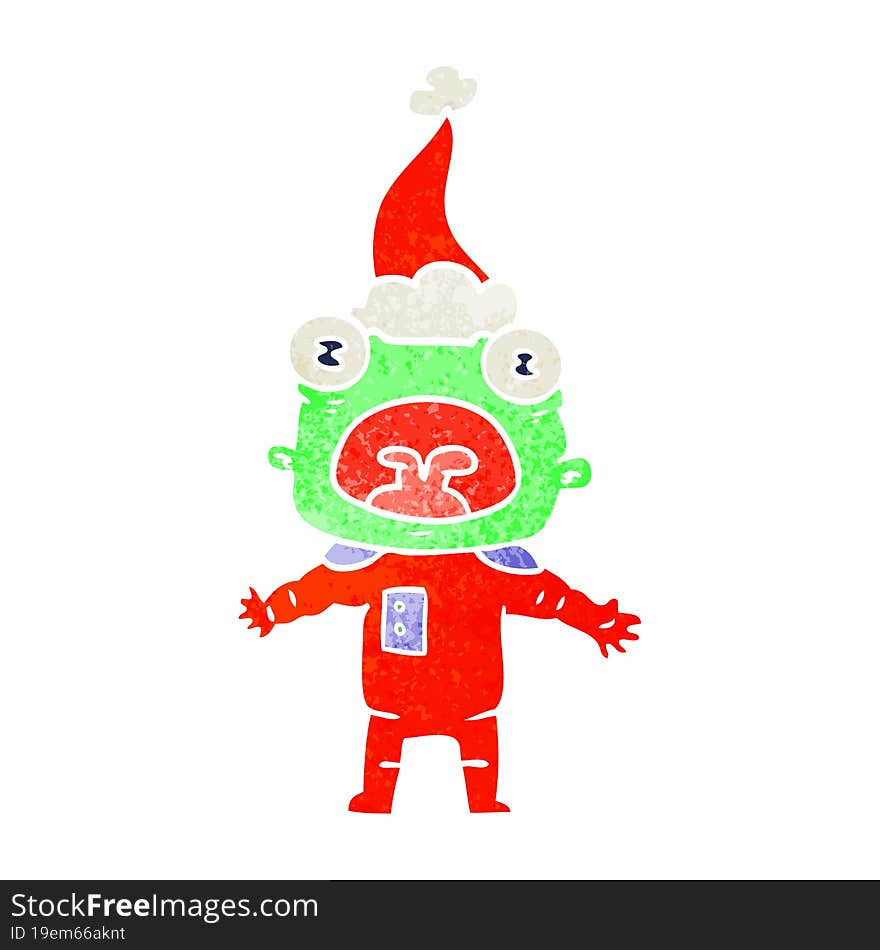 hand drawn retro cartoon of a weird alien communicating wearing santa hat