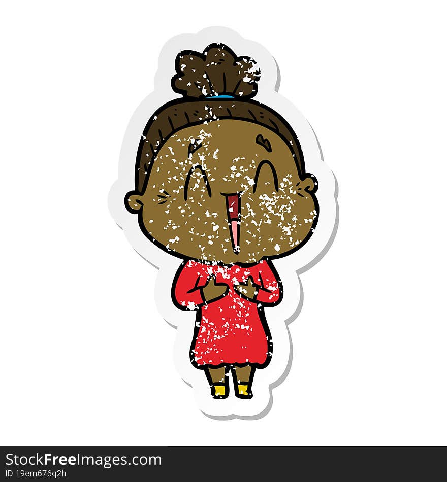 distressed sticker of a cartoon happy old lady