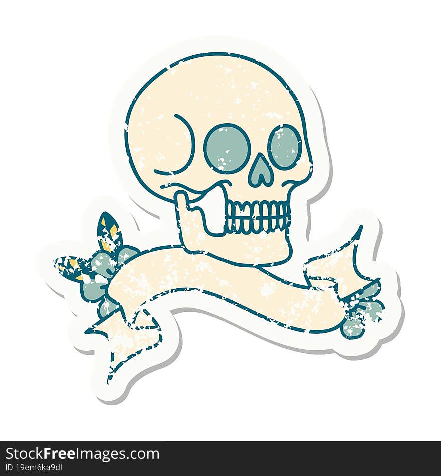 grunge sticker with banner of a skull