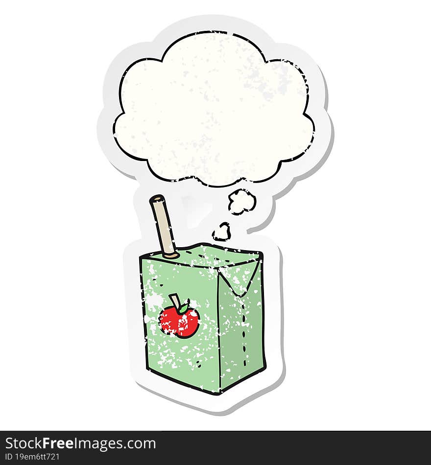 cartoon apple juice box and thought bubble as a distressed worn sticker