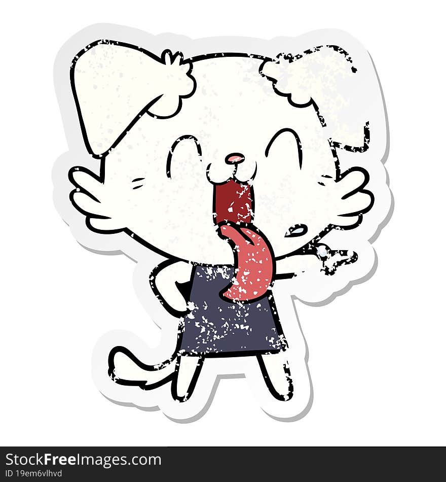 distressed sticker of a cartoon panting dog in dress