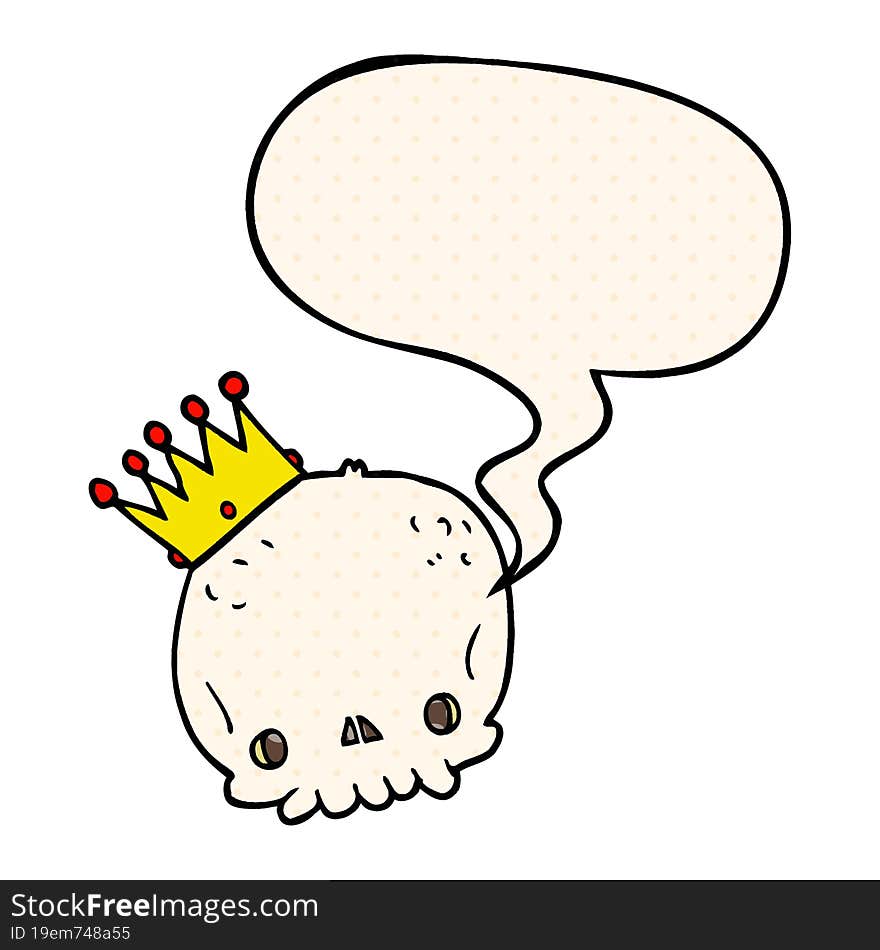 cartoon skull and crown and speech bubble in comic book style