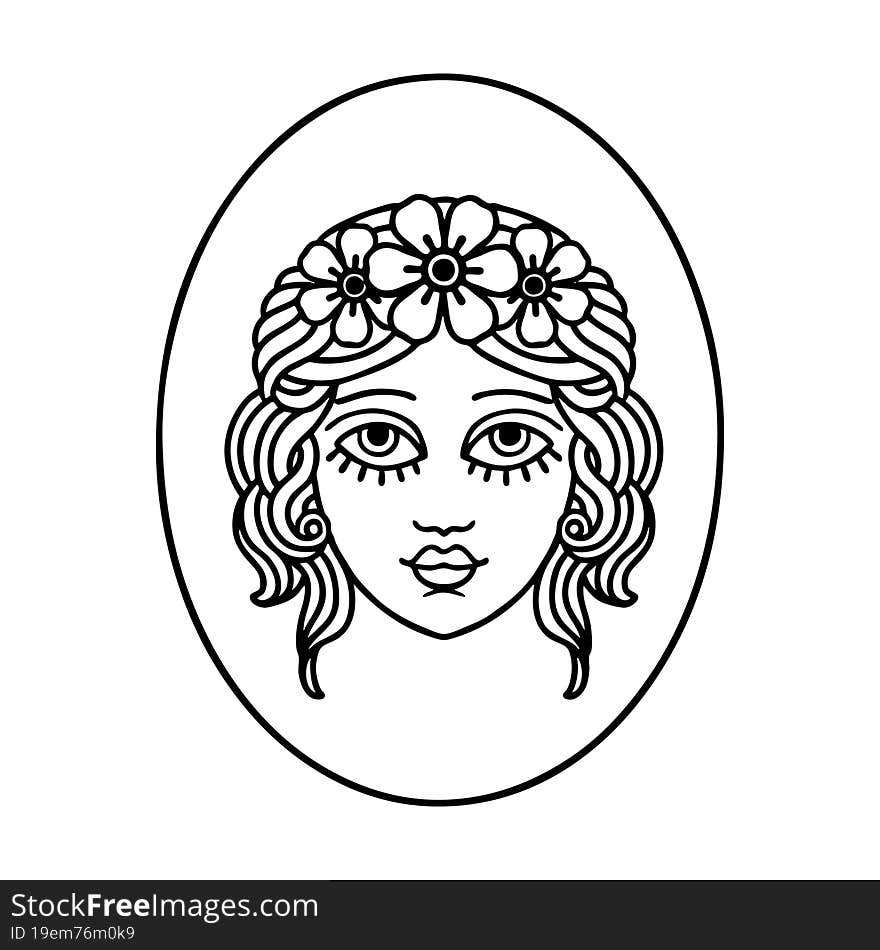 tattoo in black line style of a maiden with flowers in her hair. tattoo in black line style of a maiden with flowers in her hair