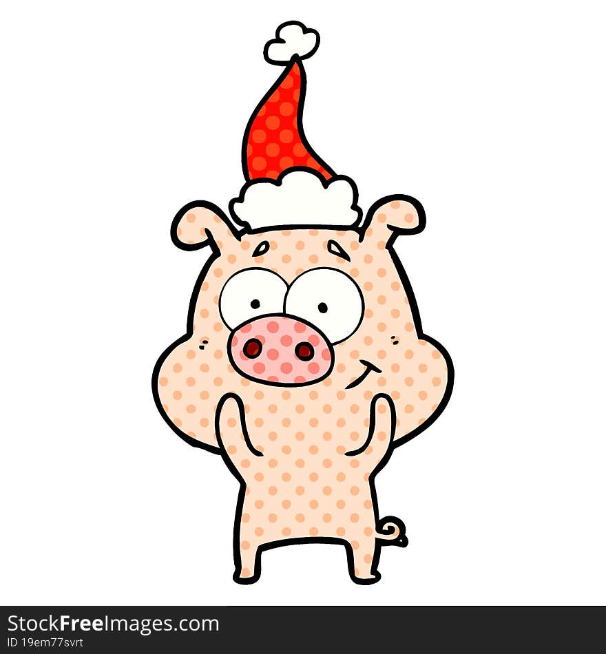 happy comic book style illustration of a pig wearing santa hat