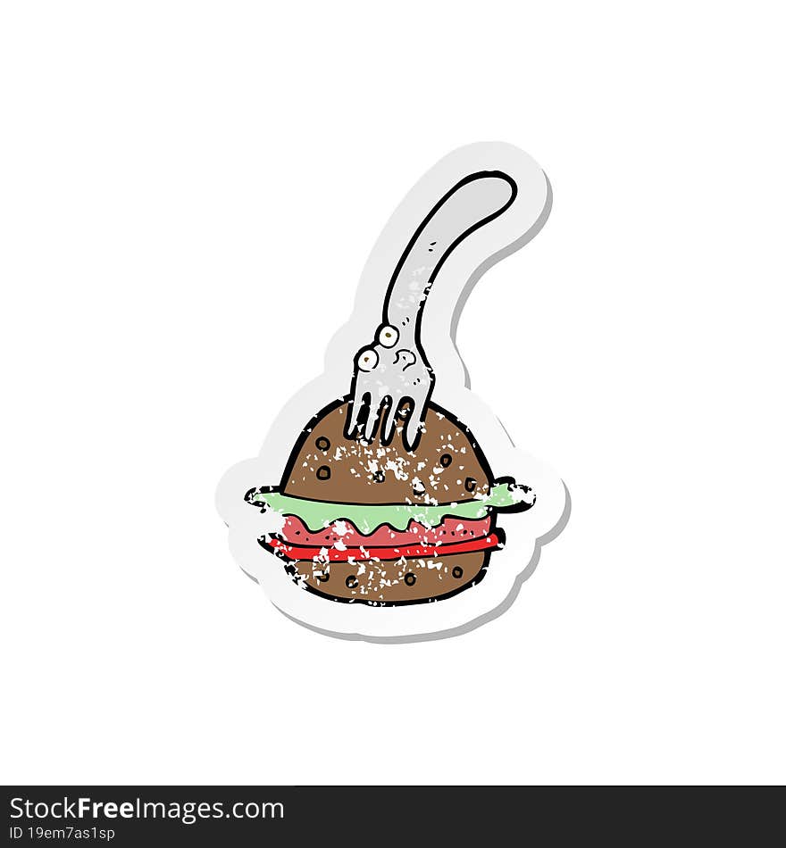 retro distressed sticker of a cartoon fork and burger