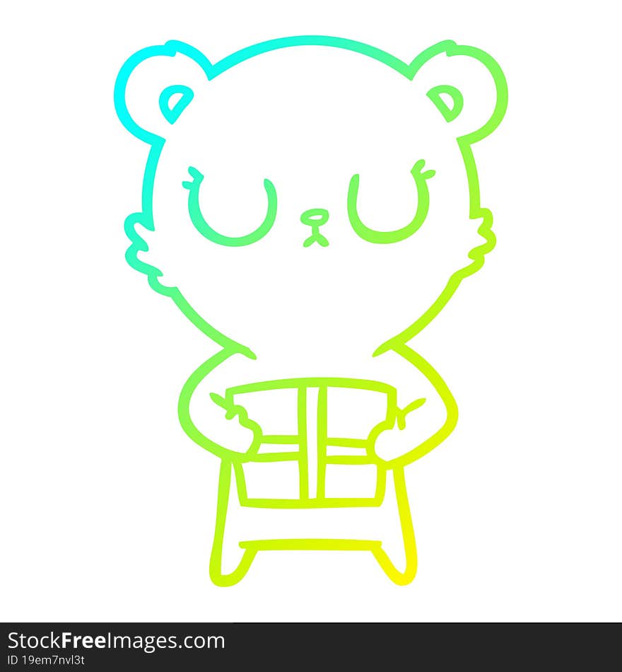 cold gradient line drawing peaceful cartoon bear with present