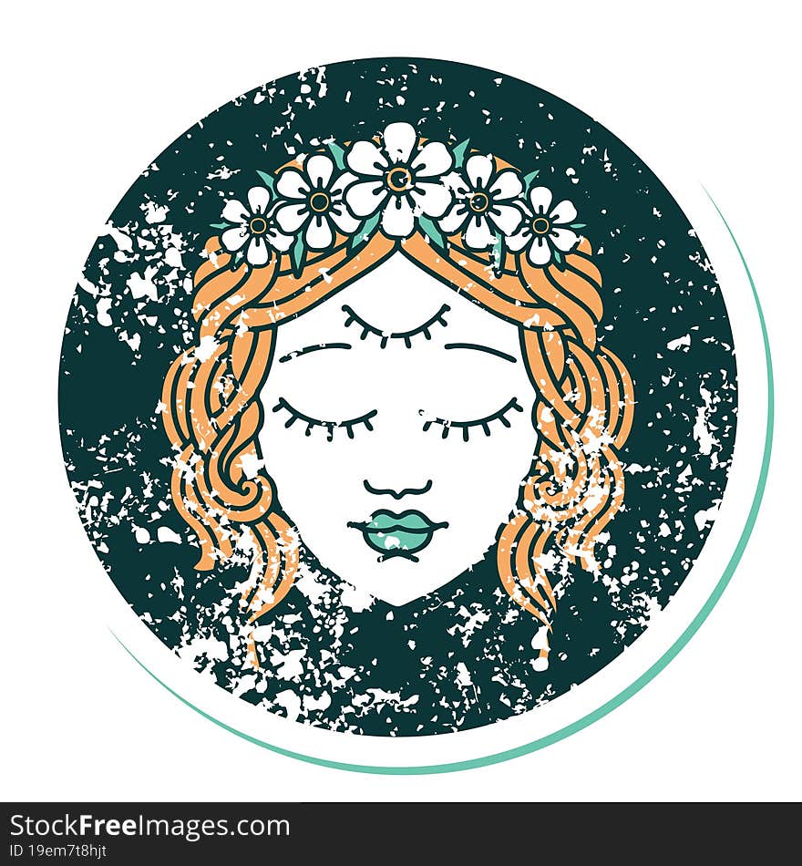 distressed sticker tattoo style icon of female face with third eye