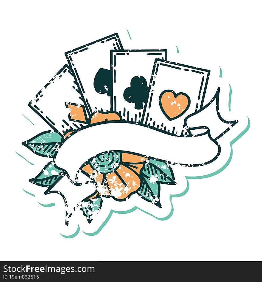 iconic distressed sticker tattoo style image of cards and banner. iconic distressed sticker tattoo style image of cards and banner