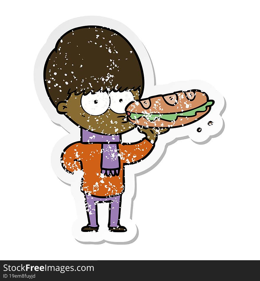 distressed sticker of a nervous cartoon boy with sandwich