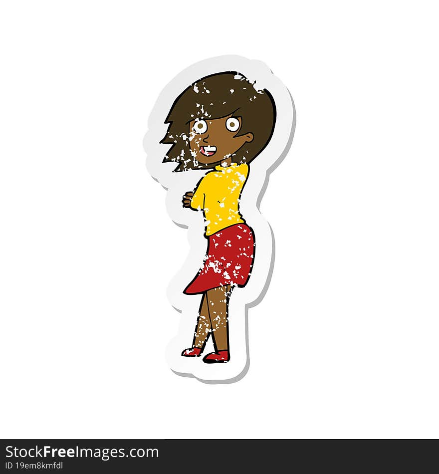 retro distressed sticker of a cartoon happy woman