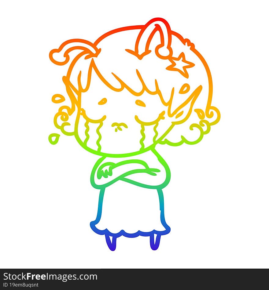 rainbow gradient line drawing of a cartoon crying alien girl