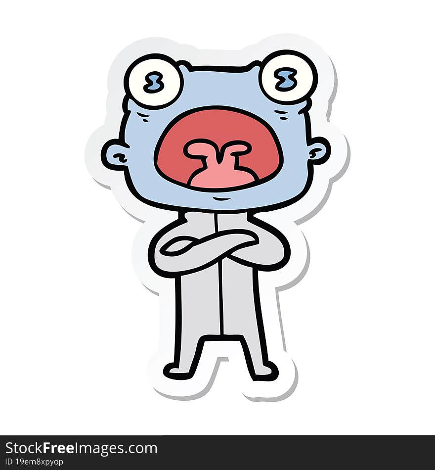 sticker of a cartoon weird alien communicating