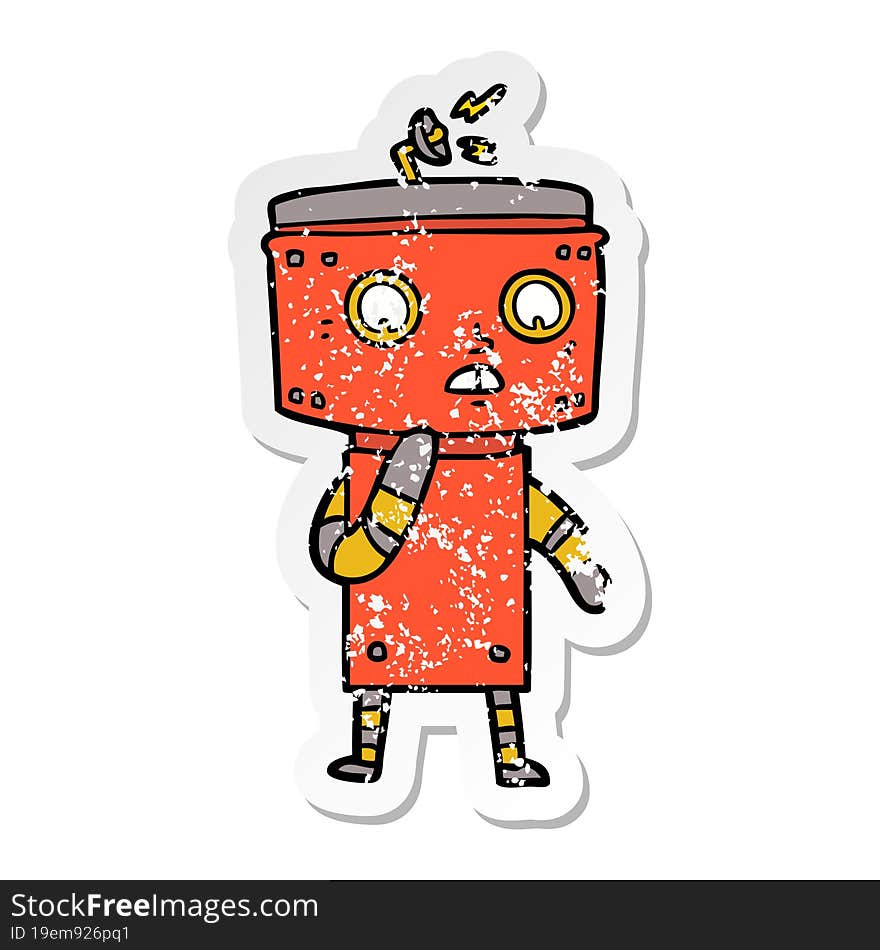 distressed sticker of a uncertain cartoon robot