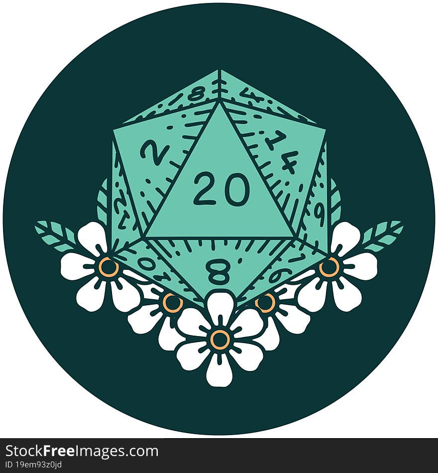 Natural 20 D20 Dice Roll With Floral Elements Icon