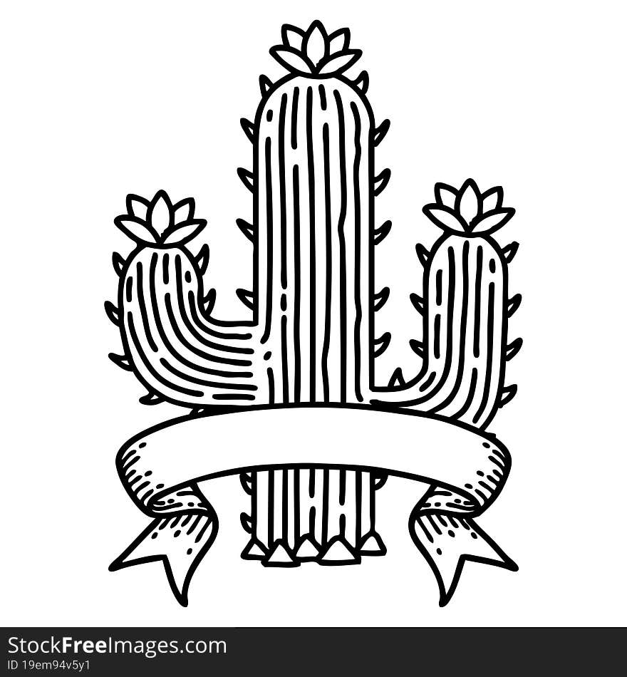 black linework tattoo with banner of a cactus