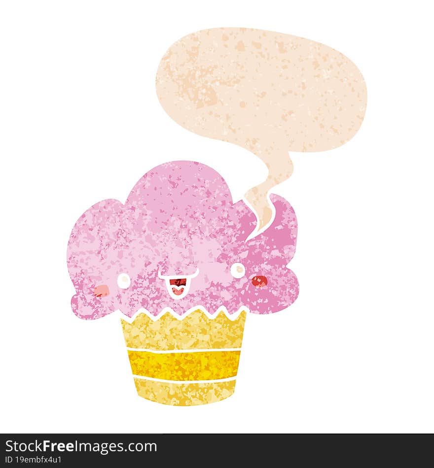 cartoon cupcake with face and speech bubble in retro textured style