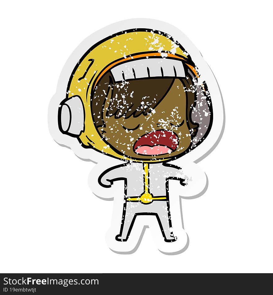 distressed sticker of a cartoon astronaut woman explaining