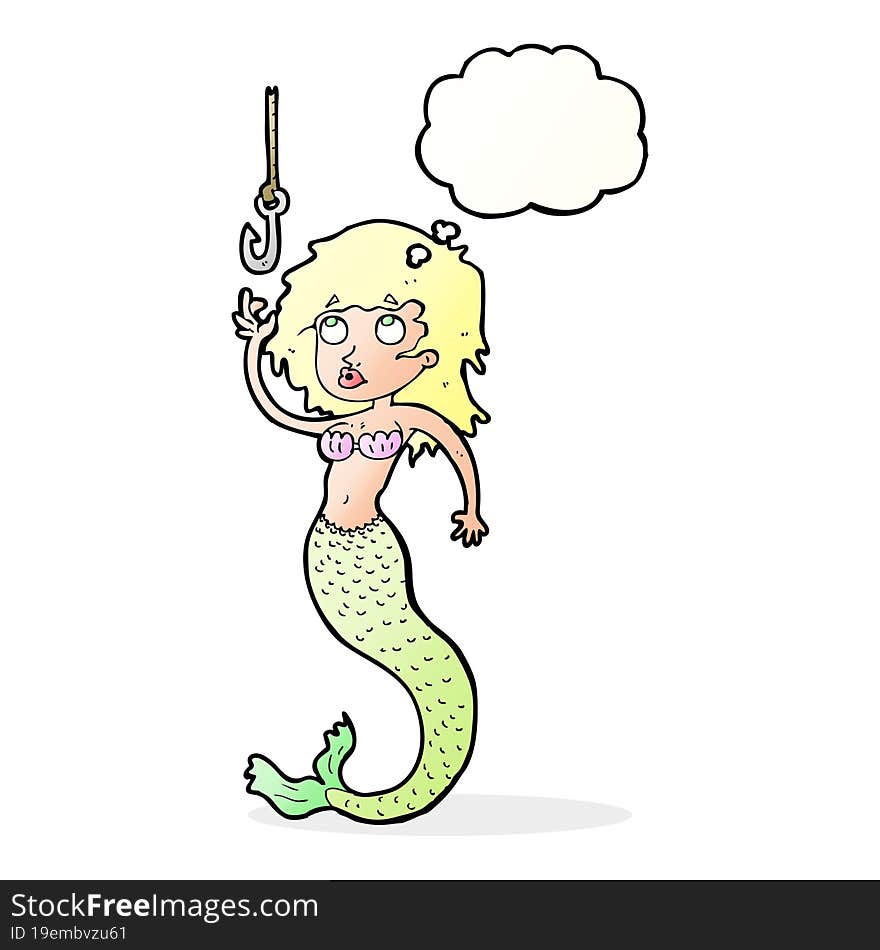 cartoon mermaid and fish hook with thought bubble